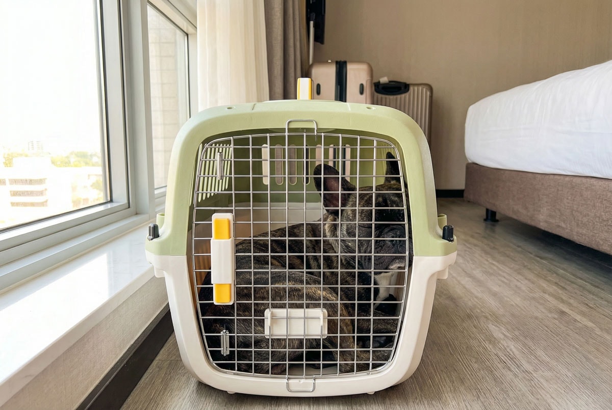 Dog in matcha Oodles Pet kennel in a hotel room